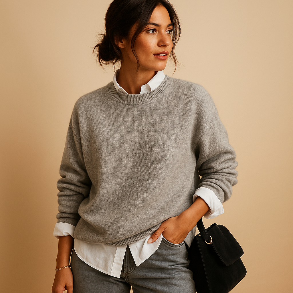 Women’s wool knit sweater with elegant fit and minimalist design, perfect for casual wear or semi-formal occasions.