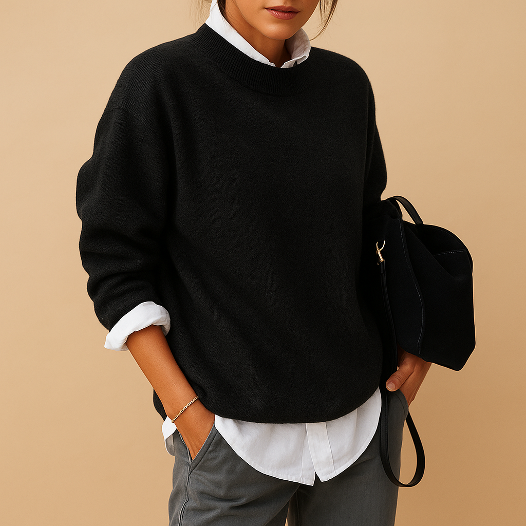 Women’s wool knit sweater with elegant fit and minimalist design, perfect for casual wear or semi-formal occasions.
